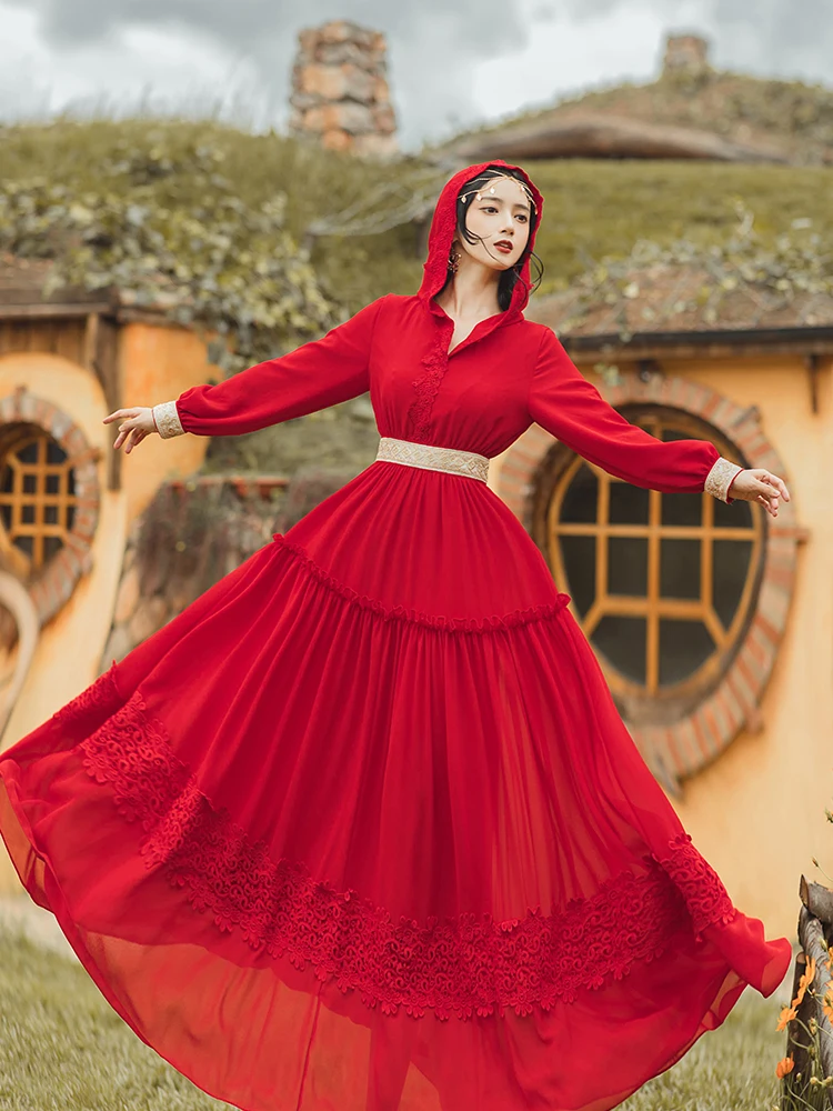 

Классическое красное платье макси в богемном стиле, демисезонное однотонное платье Бохо с капюшоном и длинным рукавом, платье с высокой талией и оборками в цветочек для пустыни