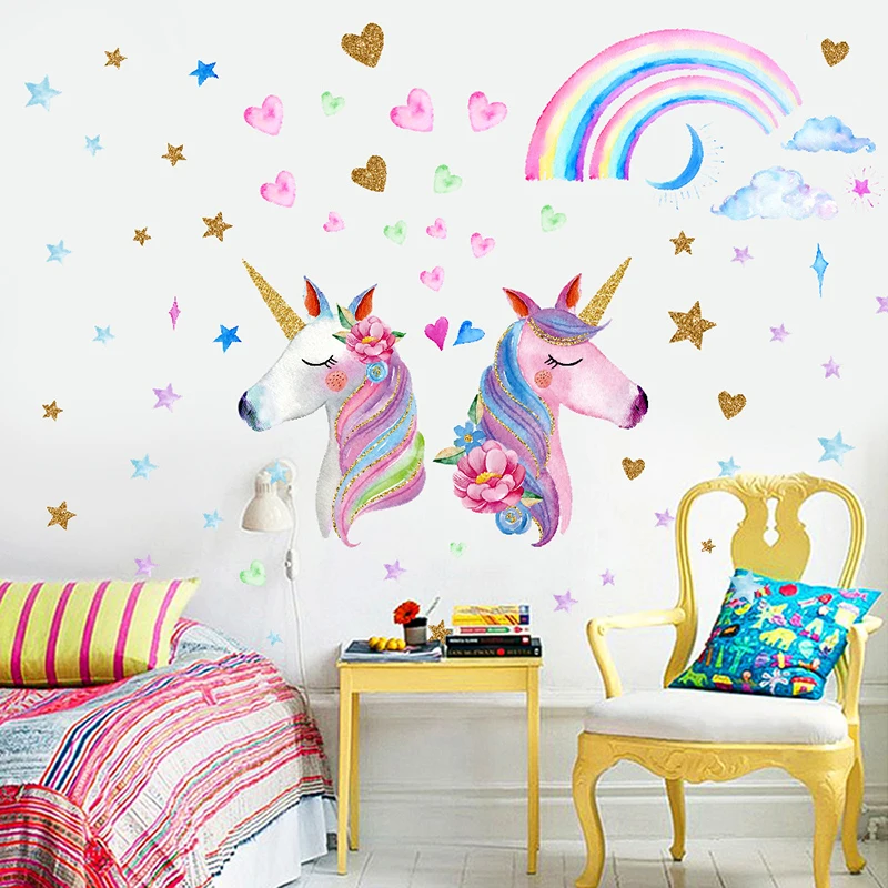 

New Cartoon Unicorn Horse Star Heart Pattern Wall Sticker Children's Room Home Decoration DIY Animal Mural Art PVC Decal