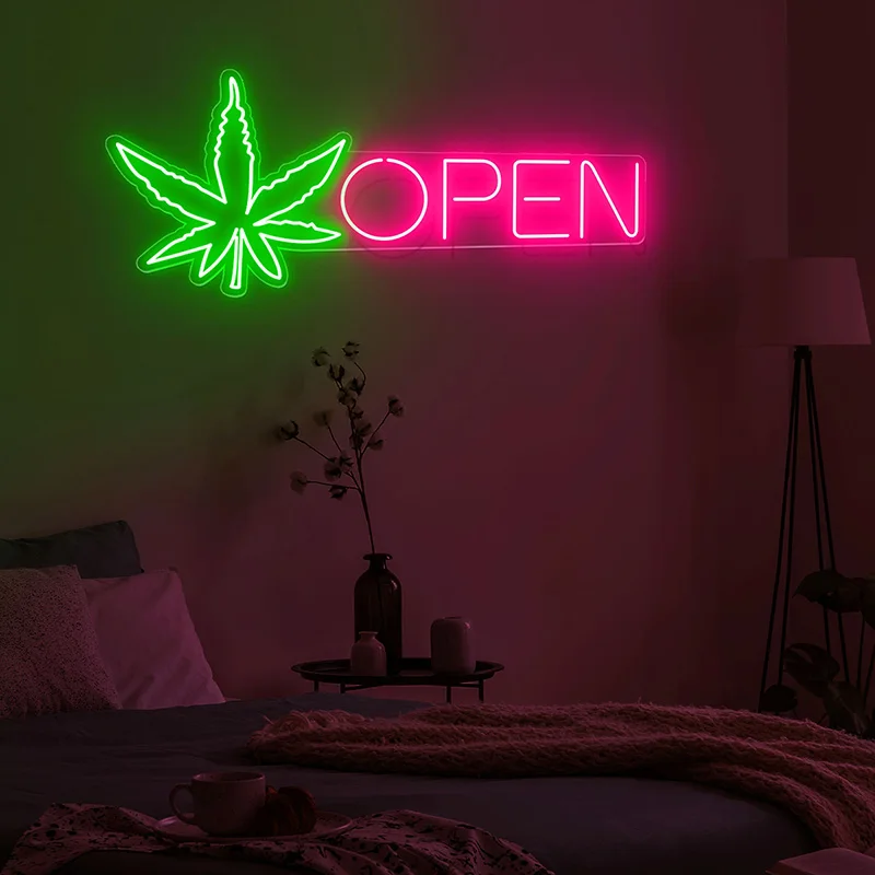 

Open Cannabis Neon Signs Handmade Custom Personalized Gifts LED Light Sign Bedroom Home Wall Artwork Neon Night Lights