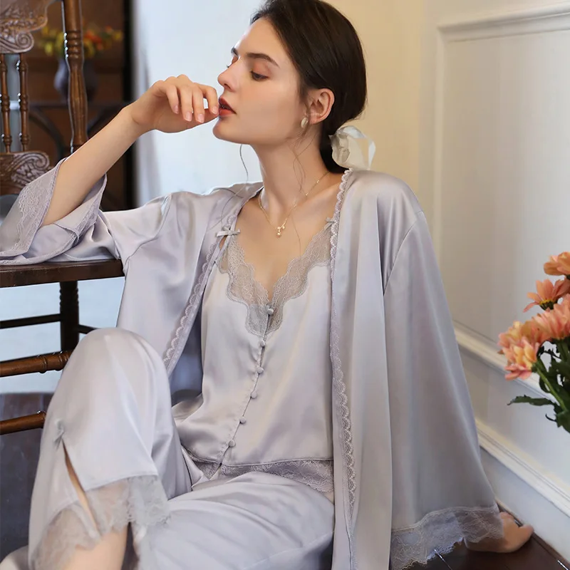 Women Sexi Three-Pieces Silk Night Robe Sleeveless Spaghetti Strap Pajamas Full Sleeves Morning Robe Cardigan Sleepwear New