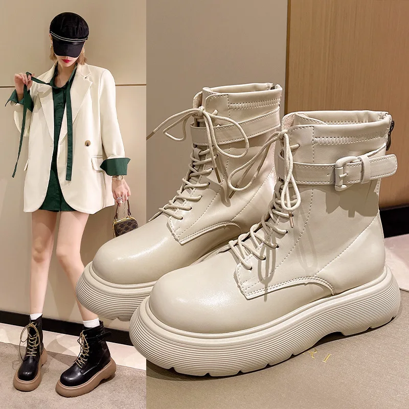 

Женские ботильоны из искусственной кожи Martens, белые мотоциклетные ботинки на платформе и массивном каблуке, Осень-зима