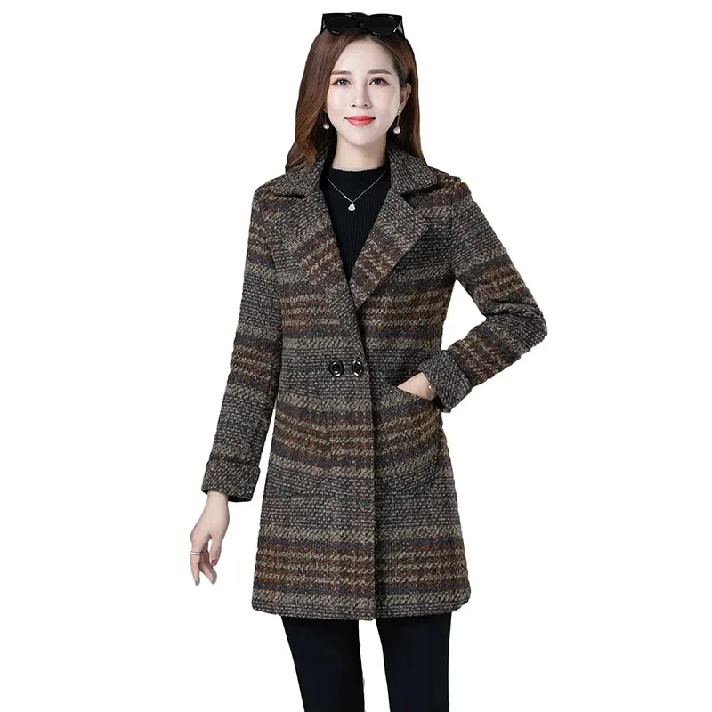 

Женское шерстяное пальто, сезон осень-зима 2022, утепленная клетчатая Смешанная шерстяная куртка, одежда для мам больших размеров 5XL, женская верхняя одежда с длинным рукавом