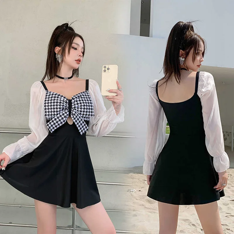

Korea Style Long Sleeve Two Piece Swimsuit Women Patchwork Vintage Swimwear Skirt Monokini Push Up Pad Bathing Suit