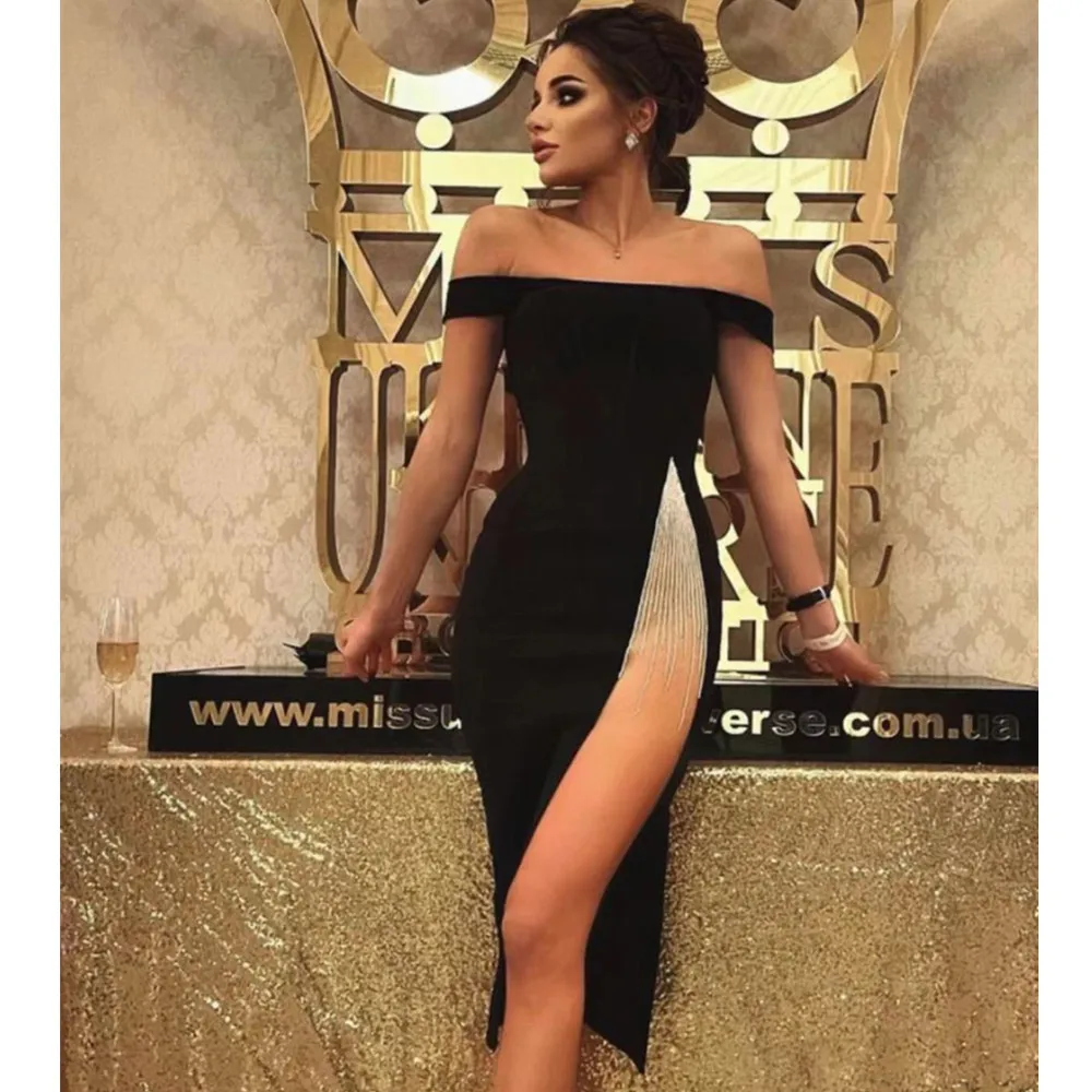

Newest Women Summer Sexy Off Shoulder Mesh Sparkly Black Split Midi Bodycon Bandage Dress 2022 Elegant Evening Party Dress