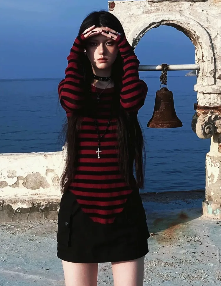 Y2k панк красный черный полосатый Топ женский модный приталенный с длинным