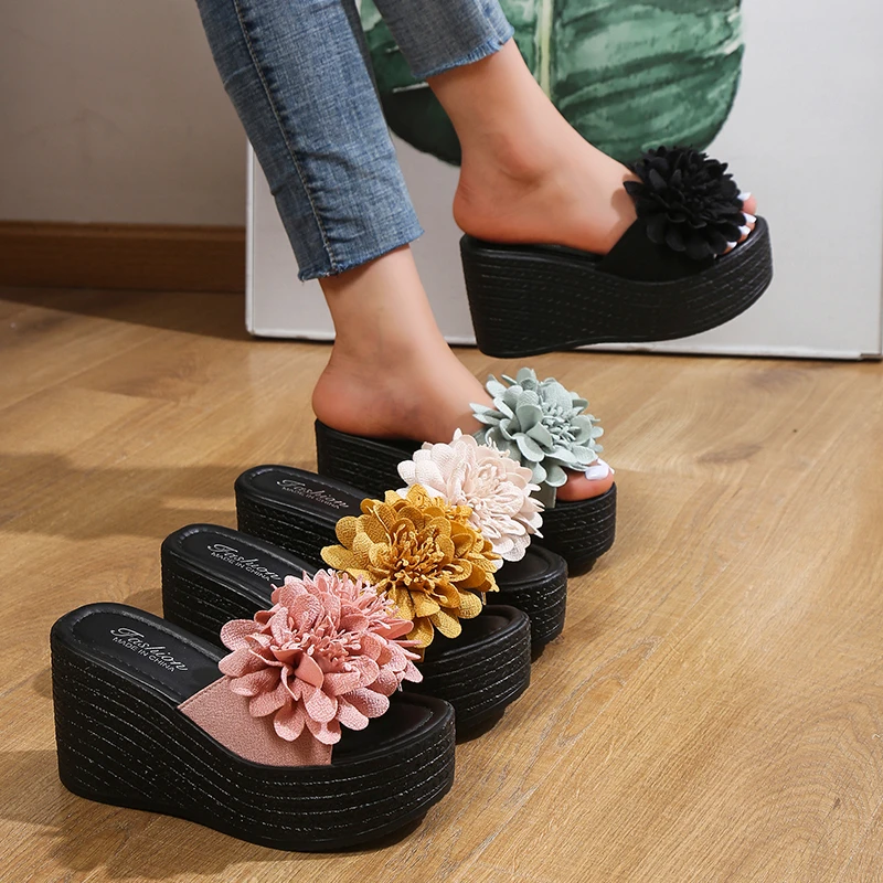 2023 Wedges Sandals Women Slippers Summer Beach Platform Shoes Flower Slippers Women High Heel Slippers Women Fashion Slippers