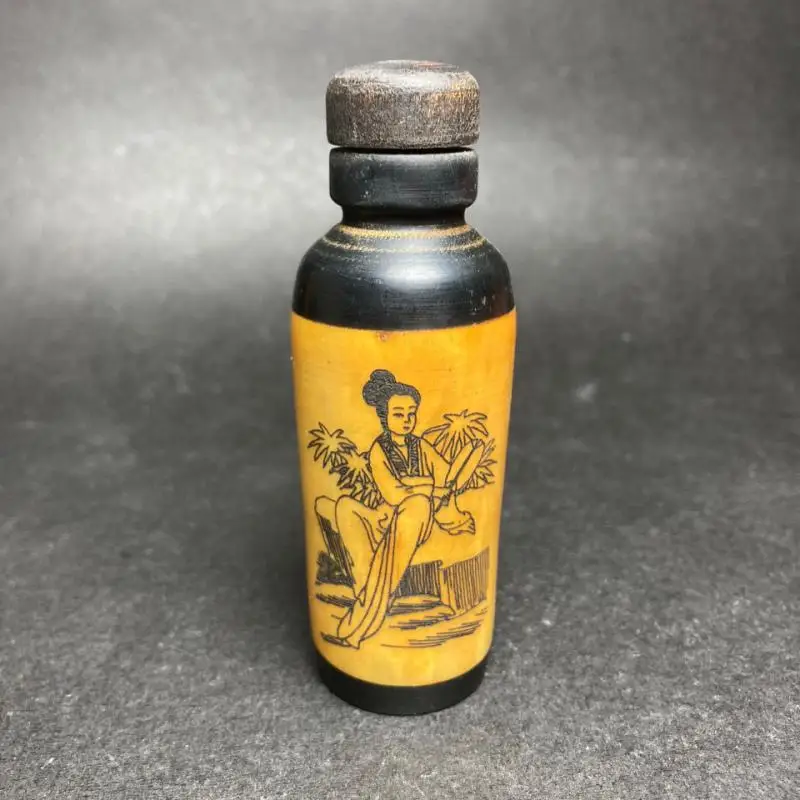 

Wonderful Chinese Bone Inlay Wood Painting Lady Snuff Bottle