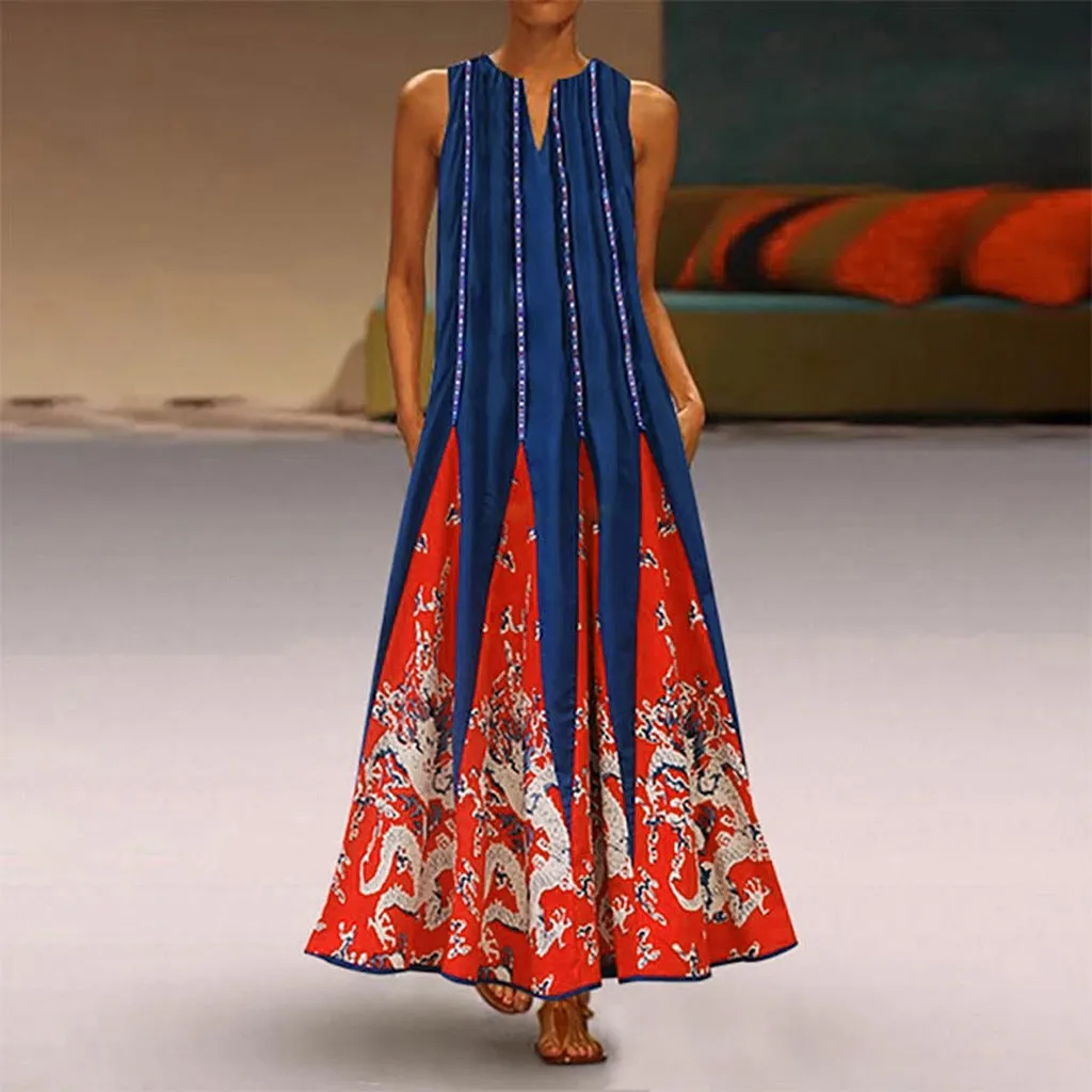 

Женское Повседневное платье без рукавов, винтажное богемное Платье макси с V-образным вырезом и принтом, туники без рукавов