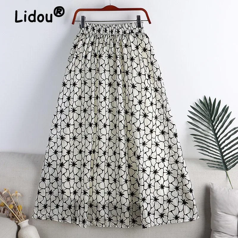 

2022 Summer New Office Lady Leisure Commuting Versatile Mesh Floral Flocking Skirt High Waist Slim Printed A-line Skirts Female
