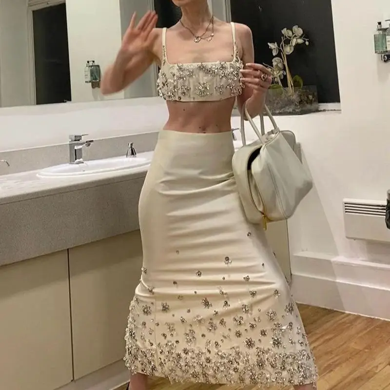 

Luxury Brand Rhinestones Beaded Suspender Crop Vest White Satin Finish 2 Piece Suits Slim Long Skirts Birthday Party Set 2023