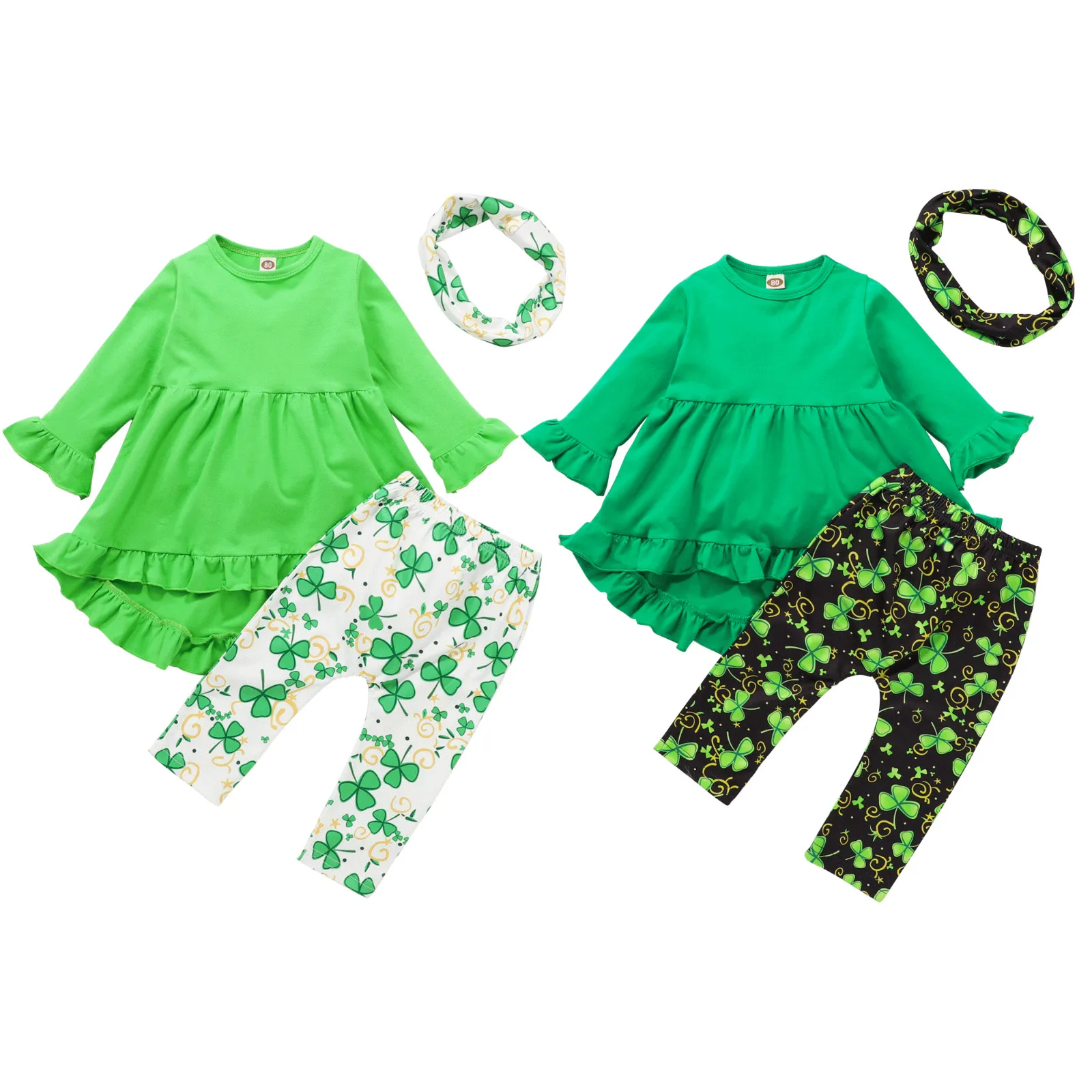 

2020-12-08 Lioraitiin 1-6Years Toddler Baby Girl Clothes Ruffle SolidLong Sleeve Irregular Hem Top Clover Print Long Pants Scarf