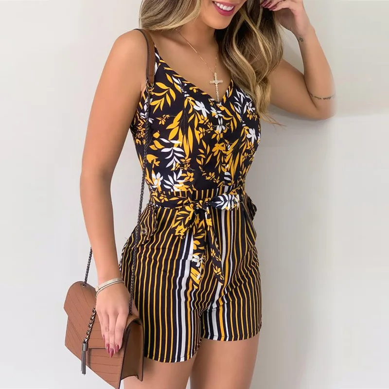 Summer Women's Jumpsuit Printed Pattern Casual Fashion  Spaghetti Strap V-neck Rompers