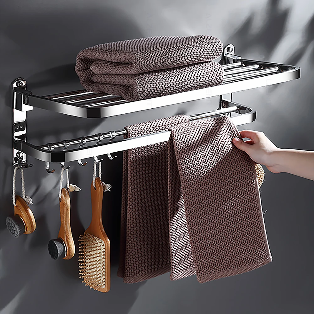 towel rack 40 60 cm 304 stainless steel holder with hook bathroom accessories wall mount hanger shower bar rail folding shelf free global shipping