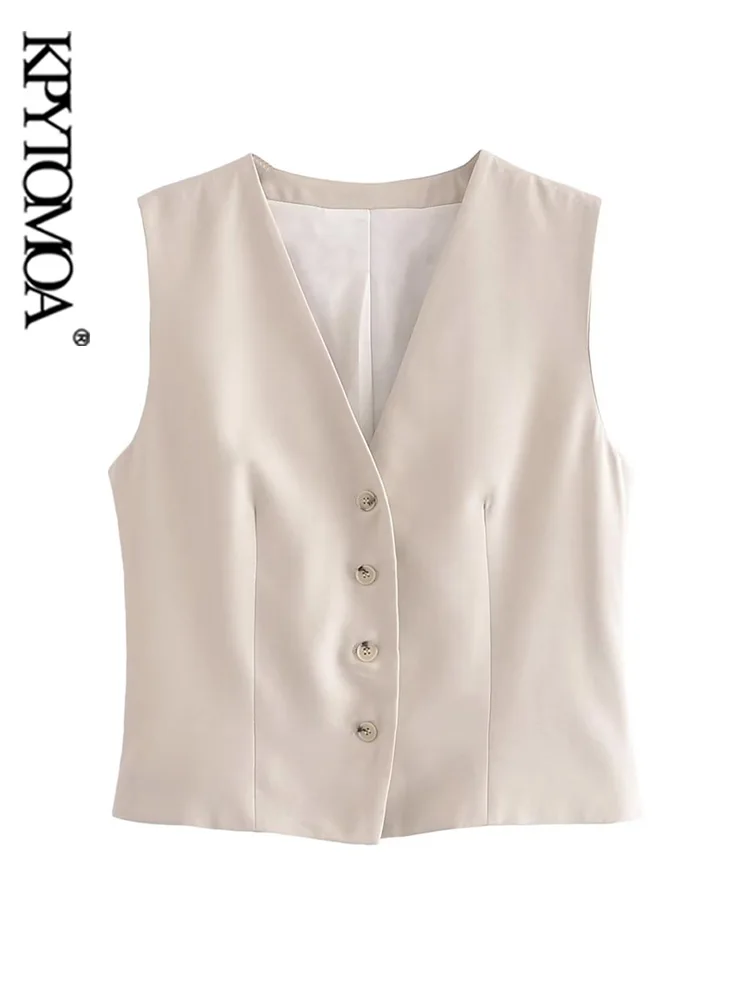 

KPYTOMOA Women Fashion With Slits Front Button Waistcoat Vintage V Neck Sleeveless Female Outerwear Chic Vest Tops