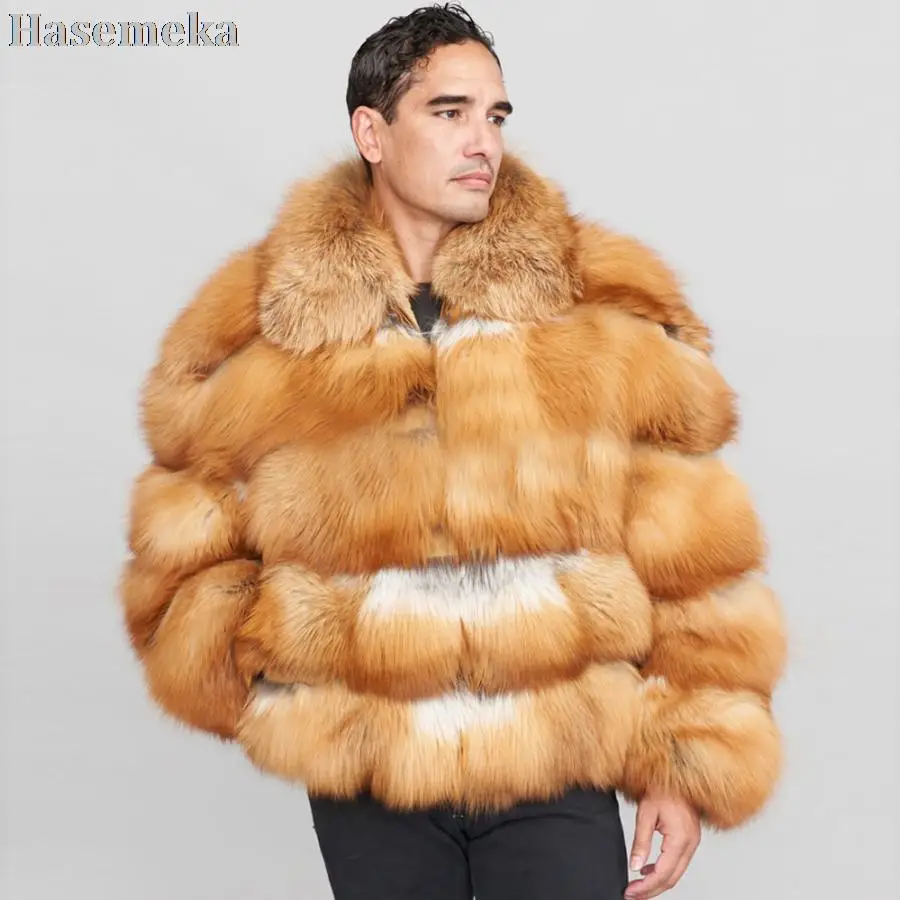 

Black Fox Fur Coat Men Bomber Jacke t Winter Warm Thick Real Fur Outwear Full Pelt Fox Fur Collar 2021 New Arrival