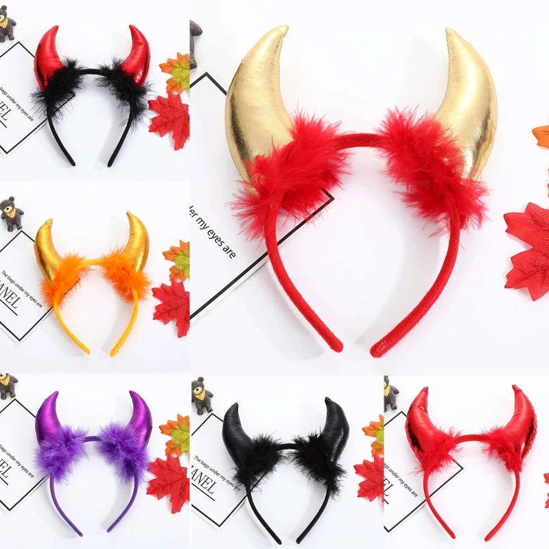 

Adult Halloween Headband Devil Ox Feather Decor Short Horn Hair Hoop Cosplay Costume Masquerade Party Headpiece