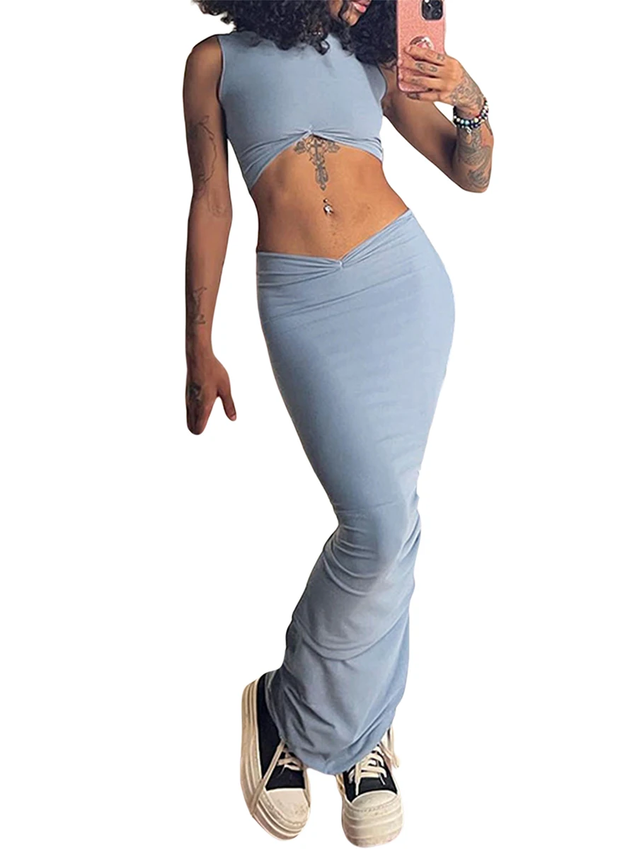 

Women Two Piece Outfits Summer Dresses Sleeveless Crop Tank Top Bodycon Midi Dress Party Club Long Dress
