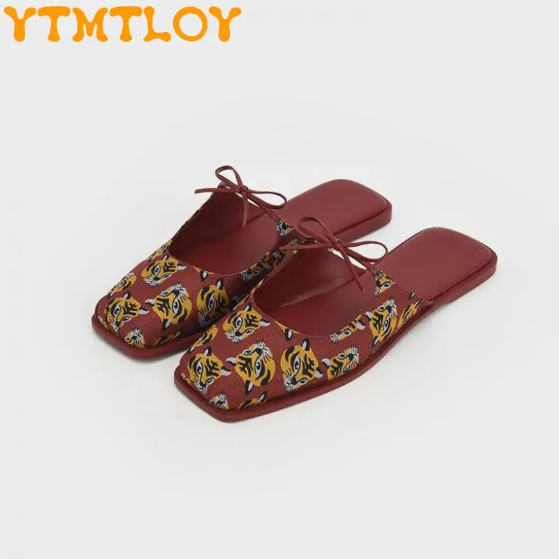 

22 Spring And Summer New Bow Tiger Head Flat Shoes Women's Square Head Flat Bottom Half Slippers Baotou Lazy Lady Butterfly