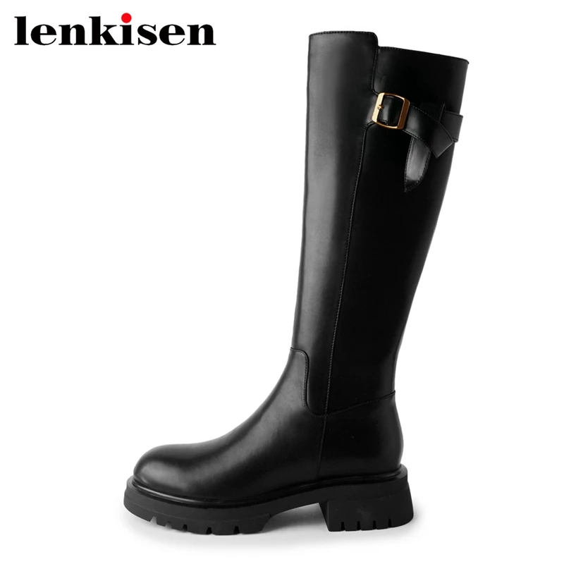

Lenkisen Cow Leather Round Toe British School Metal Equestrian Boots Belt Buckle Solid Med Heels Street Wear Thigh High Boots