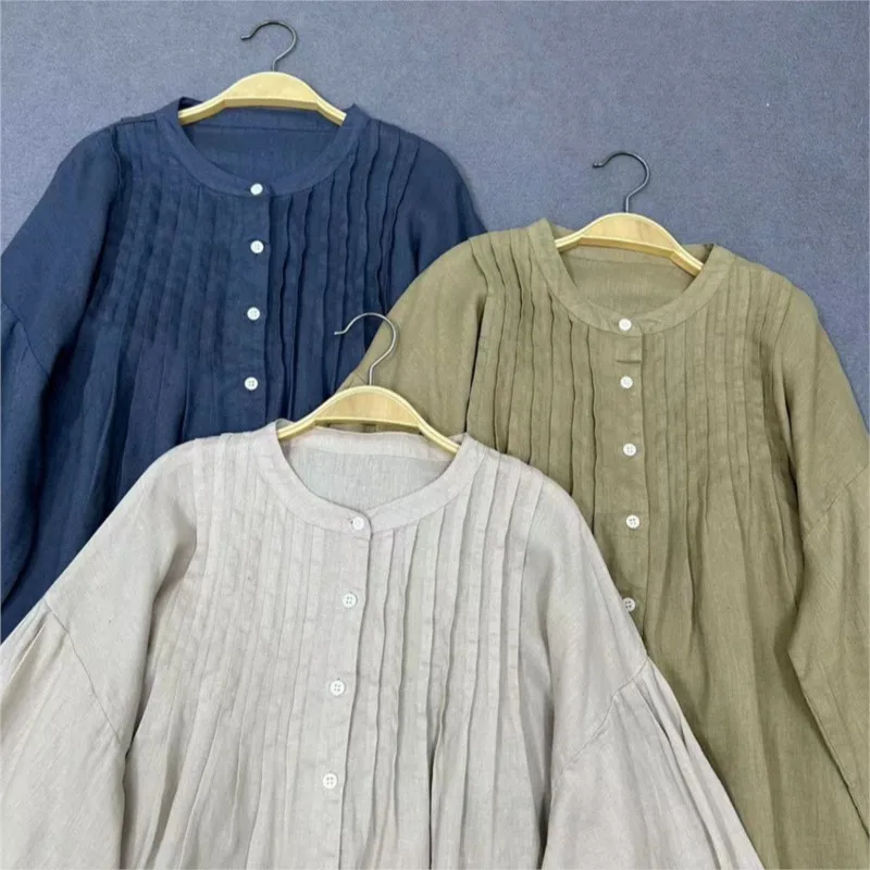 Johnature осень 2024 новая женская японская льняная рубашка с круглым вырезом