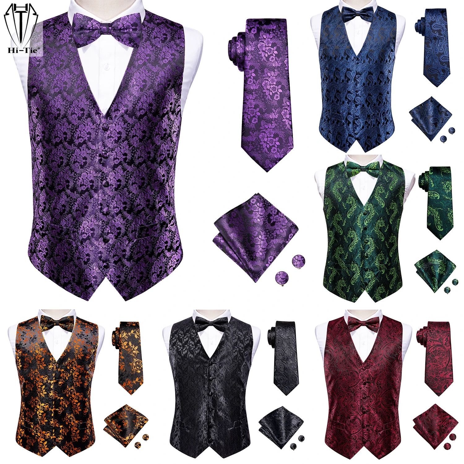 

Hi-Tie Silk Mens Vests Necktie Bowtie Hanky Cufflinks Set Jacqurd Floral Paisley Waist Coat Jacket For Men Wedding Business Gift
