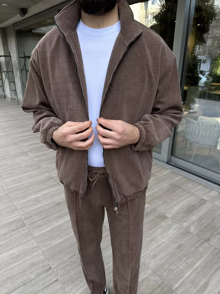 Streetwear Kurtka Dresy Mężczyźni Moda Slim Kurtki i spodnie z długim rękawem Dwuczęściowe zestawy dla mężczyzn Jesienne stroje codzienne