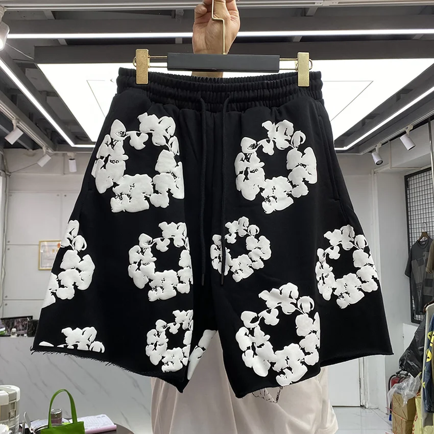 Black Gray Puff Print Shorts Men Women High Quality Drawstring Shorts Breeches