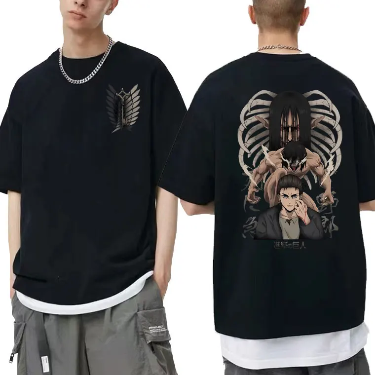 

Japanese Anime Attack on Titan Eren Jaeger Double Sided Print T-shirt Male Manga Cartoon Cotton Tees Men Loose Oversized T Shirt