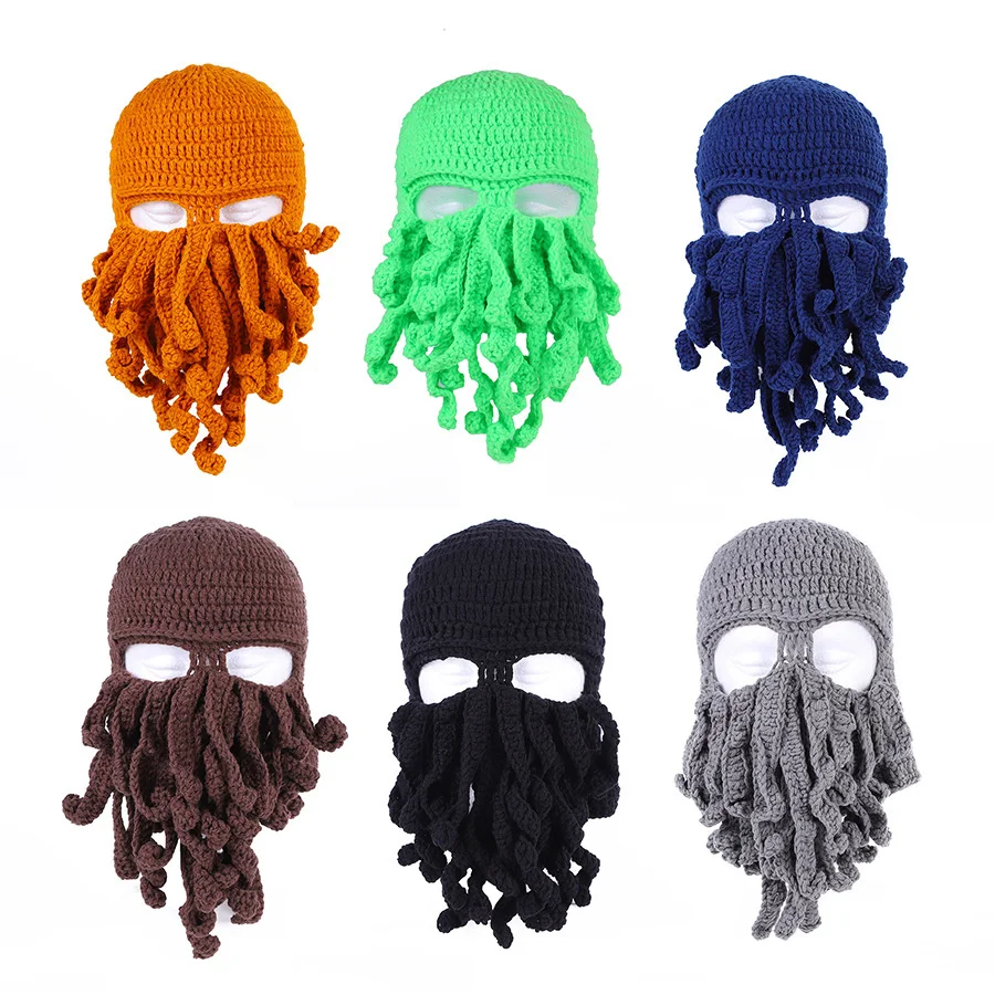 

New Novelty Handmade Tentacle Octopus Crochet Hats Beard Beanie Men's Women's Knitted Wind Mask Caps Hallown Animal Gifts