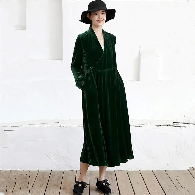 Autumn Women Vintage Velvet Long Dress V-neck Slim Loose Maxi Dress Full Sleeves Elegant Party Vestidos de fiesta