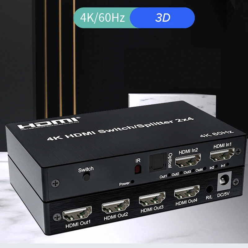 4K @ 60 Гц 2x4 переключатель 2 в 4 выхода HDMI-совместимый 5 м/30 м удлинитель Переключатель с аудио экстрактором для 4-экранного монитора