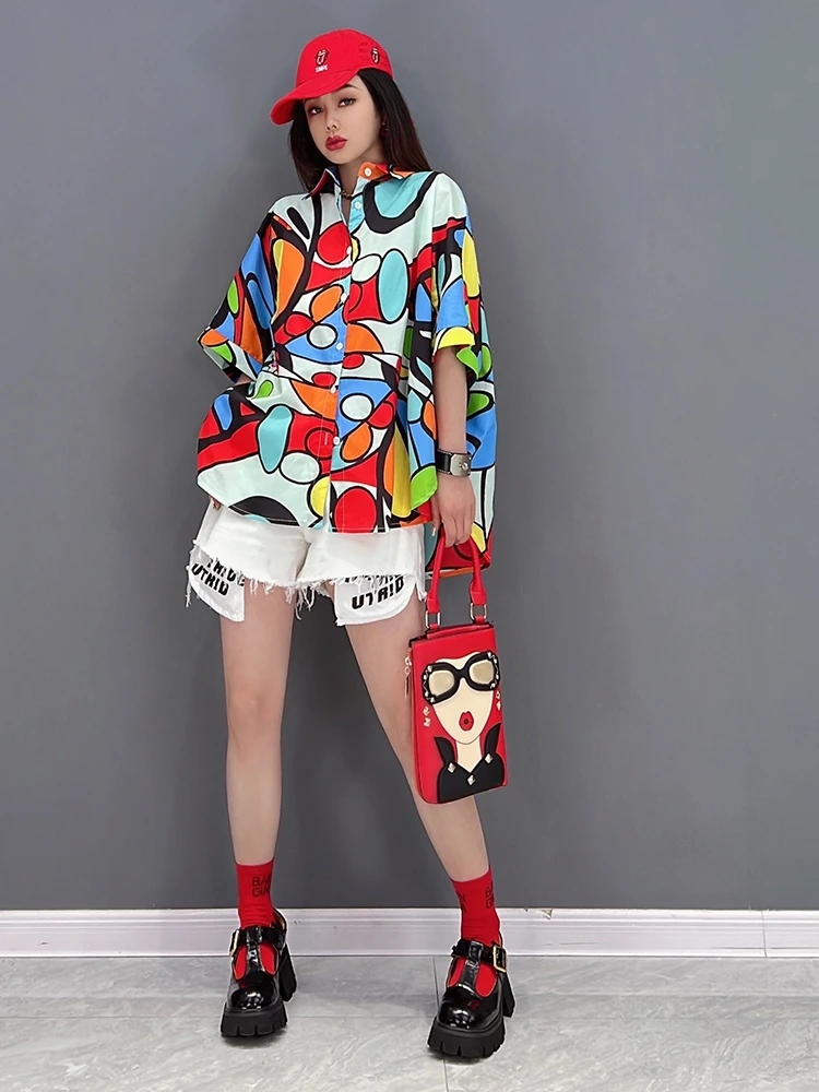 

SuperAen 2022 Summer New Fashion Casual Loose Printing Oversized Turn Down Collar Shirt Slim Womens Tops