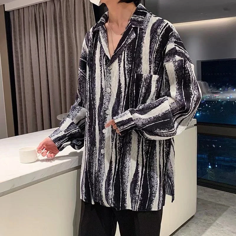 Spring Pleated Shirts Men Fashion Tie Dye Casual Shirts Mens Streetwear Korean Loose Long Sleeve Shirts Mens Pocket Shirts M-2XL