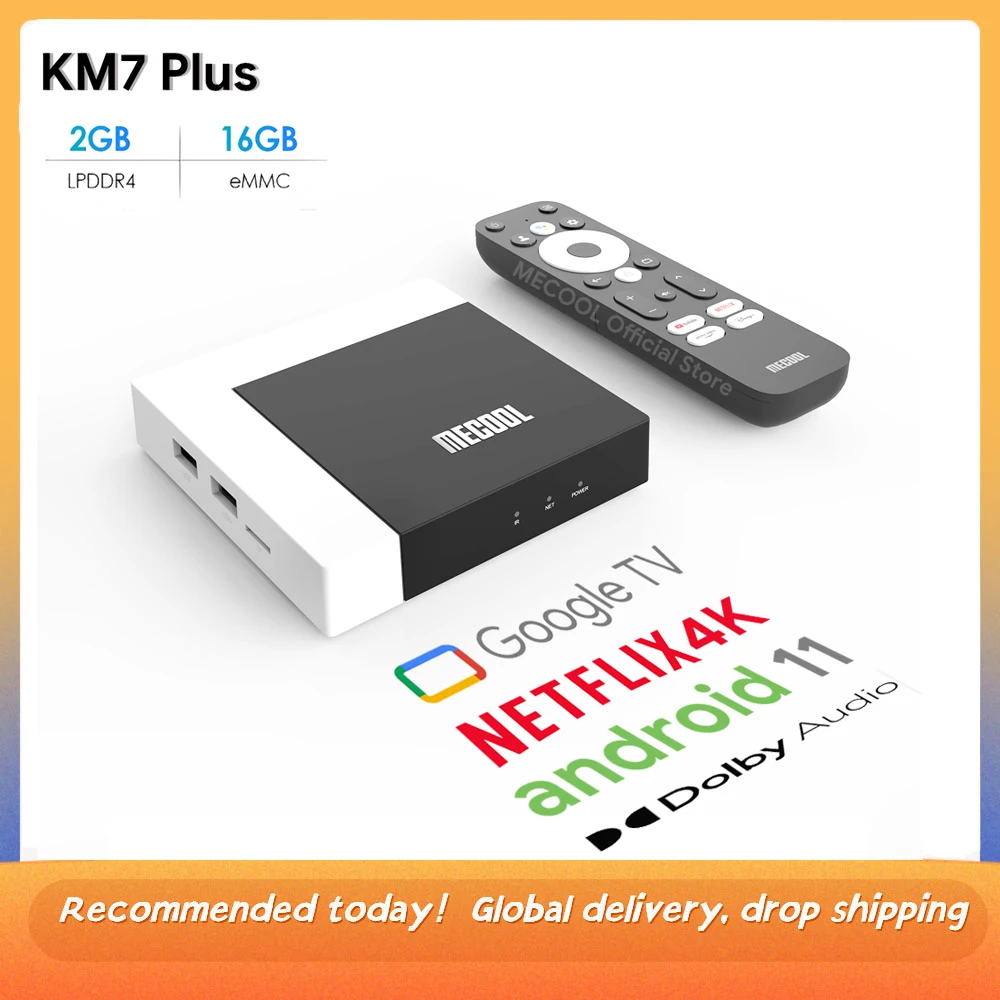 

Original MECOOL KM7 Plus TV Box Android 11 Netflix 4k Google TV 2GB DDR4 16GB ROM 100M LAN Internet S905Y4 Home Media Player