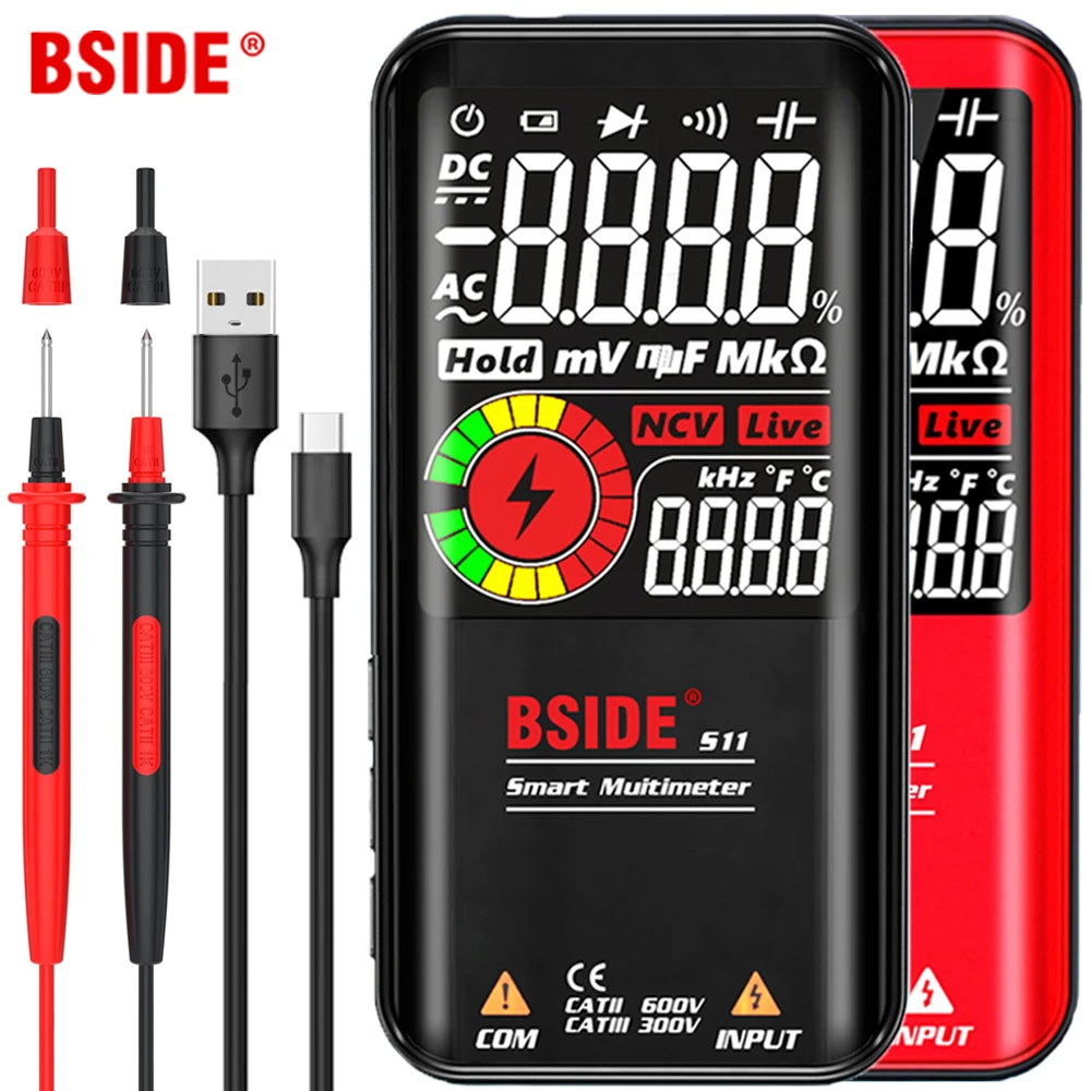 BSIDE-multímetro Digital 9999 t-rms, pantalla LCD a Color de 3,5 pulgadas, voltaje CC CA, capacitancia Ohm, diodo, multímetro NCV Hz, probador de cable en vivo