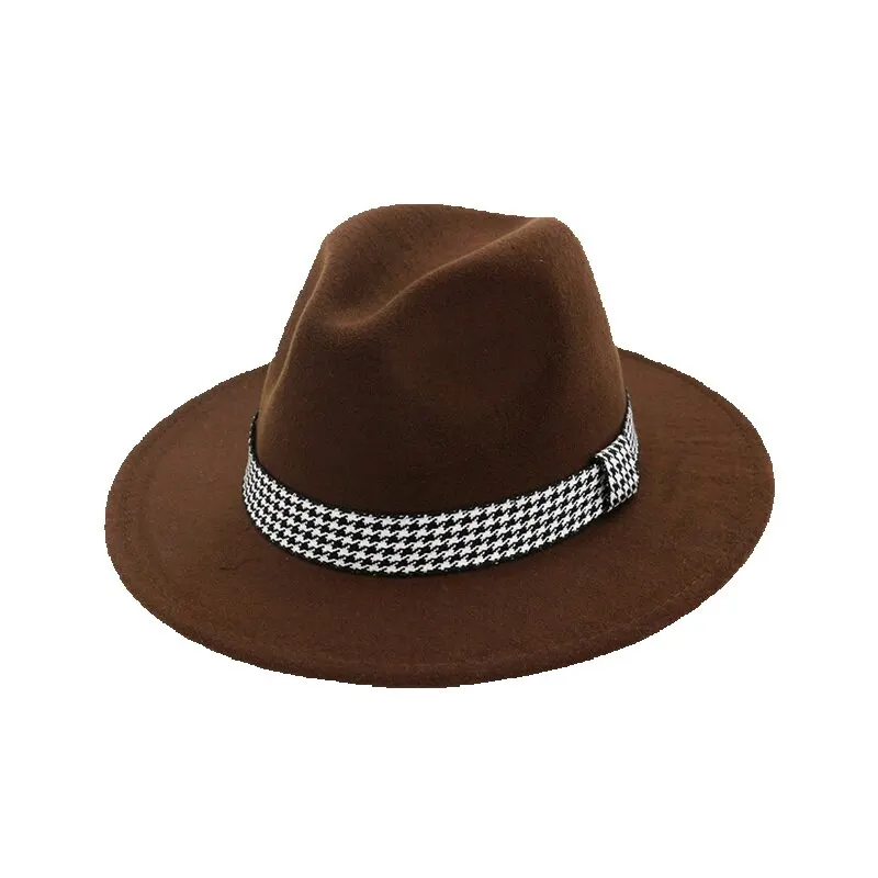 

Flat Brim Women Men Wool Felt Fedoras Hat with Ribbon Band Retro Flat Wide Brim Jazz Trilby Formal Party Cap Panama Hat
