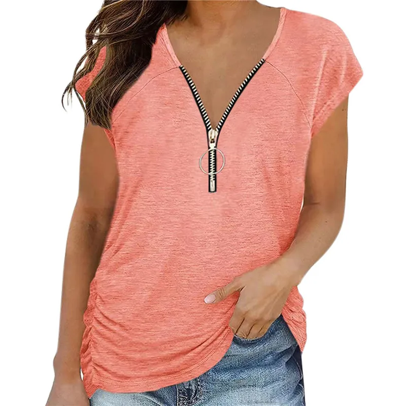 

Женская футболка с молнией на груди, летняя плиссированная однотонная Модная рубашка с V-образным вырезом, Повседневный пуловер с коротким ...