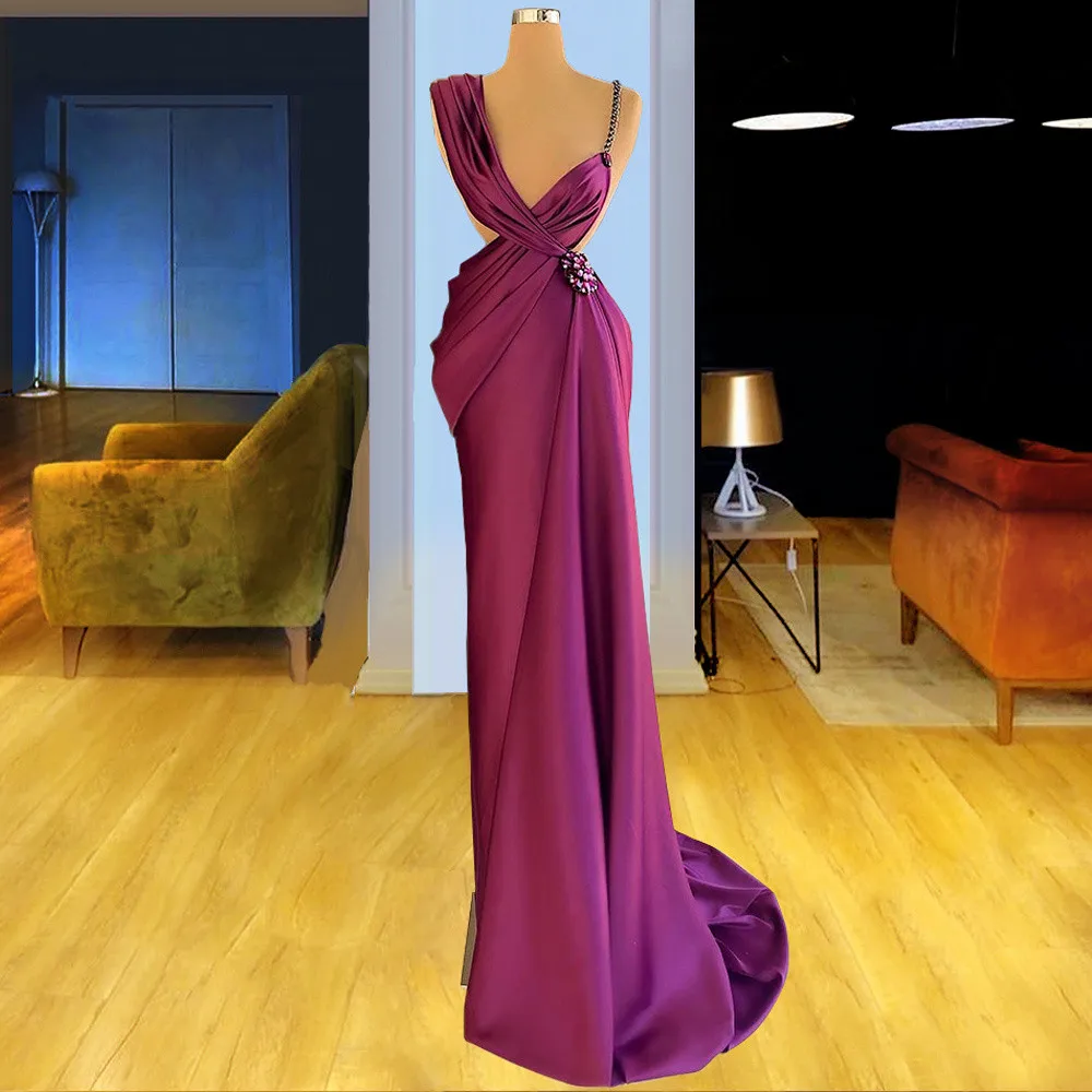 

Purple Prom Dresses Sheath Spaghetti Straps Pearls Long Dubai Saudi Arabia Prom Gown Evening Dress Robe De Soiree Haute