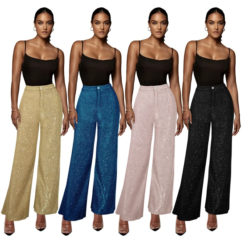 Glitter Shiny High Waist Wide Leg Pants Women Summer Trousers 2023 Full Length Office Lady Sequined Straight Pant Trouser Club