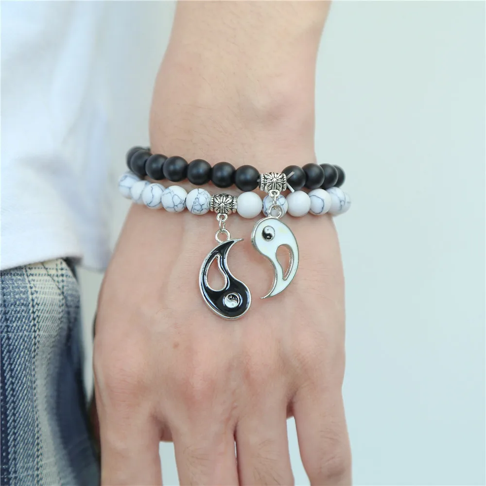 

2 Stks/set Klassieke Tai Chi Yin Yang Paar Armbanden Mannen Turkooizen Steen Kralen Polsband Armband Vrouwen Lover Armbanden