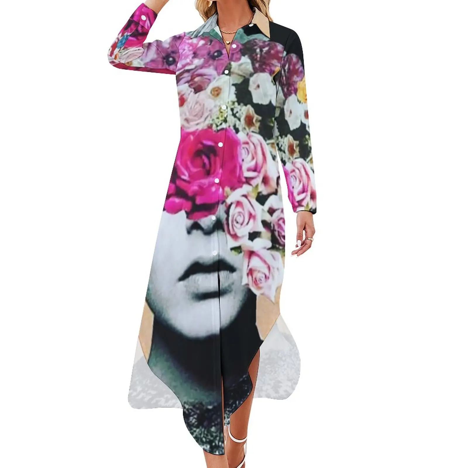 

Женское шифоновое платье с цветочным принтом, Повседневное платье оверсайз с длинным рукавом и V-образным вырезом