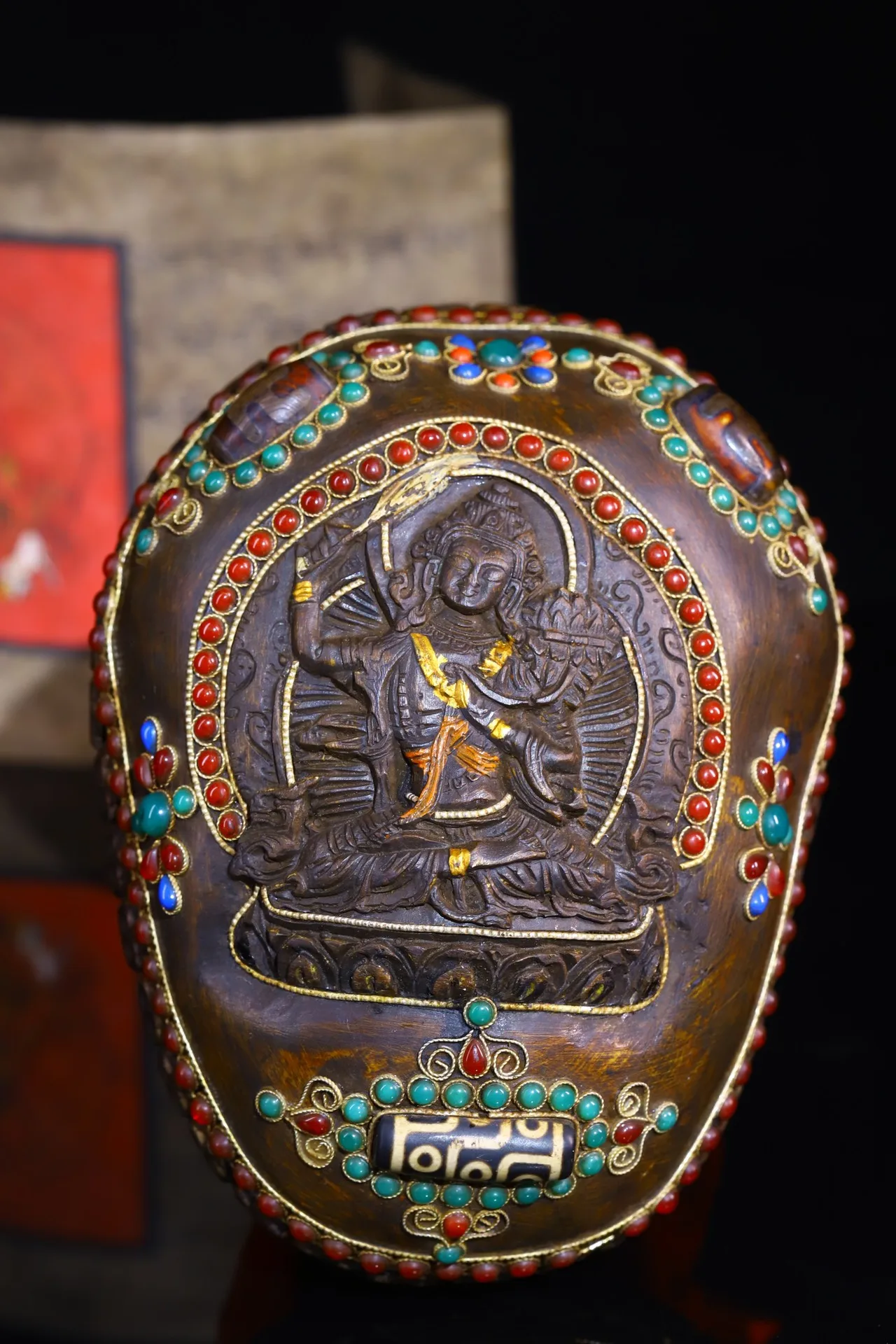 

7"Tibetan Temple Collection Old Tibetan silver gem Dzi Beads painted Manjushri Skull Head Gabala Bowl magic weapon Town House
