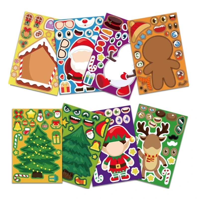 

Christmas Puzzle Sticker Set 8 Sheets Creative DIY Face Changing Santa Sticker Christmas Tree Socks Stickers Party Props