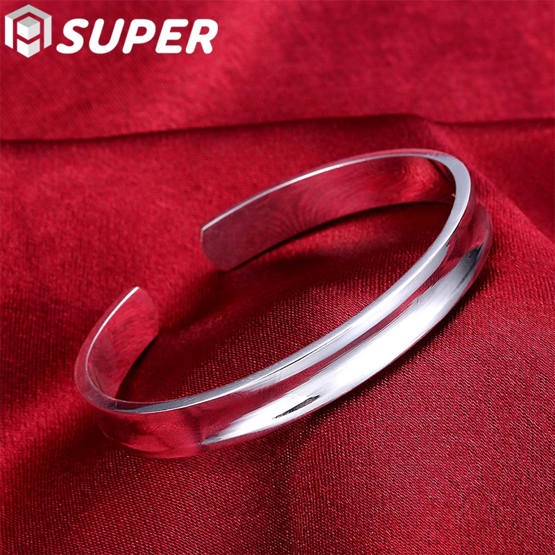 

925 Sterling Silver Smooth Round Open Bracelets Bangles For Women Minimalism Lady Fashion Wedding Engagement Jewelry