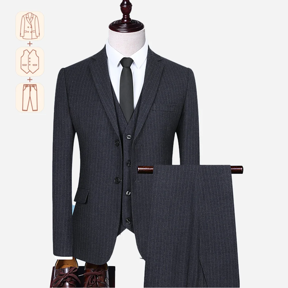 

Роскошный аутентичный (пиджак, жилет, брюки) Новый мужской костюм в полоску с двойной пряжкой для свадьбы, жениха, облегающая одежда для выпускного вечера