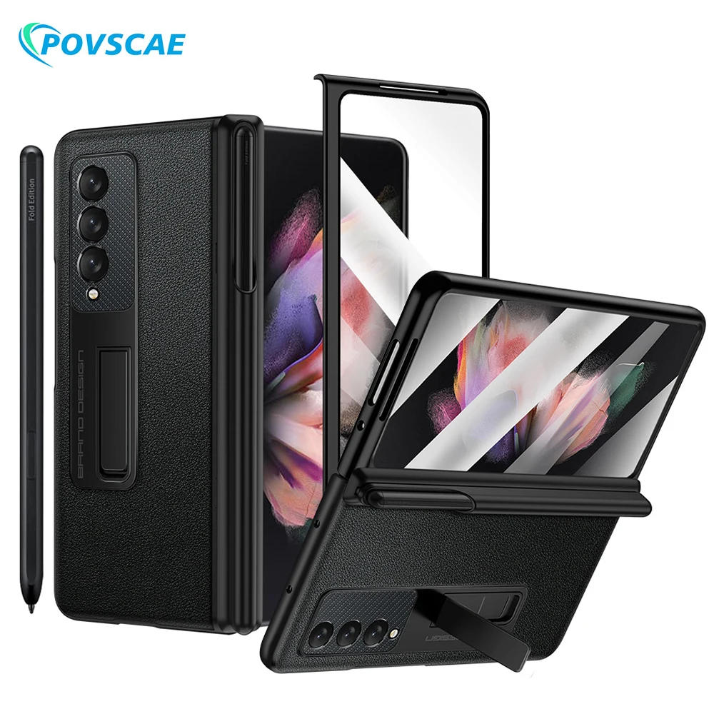 With S Pen Slot Holder Phone Case For Samsung Galaxy Z Fold 3 All-Inclusive Hinge Protection Cover Temper Galss Screen Protector