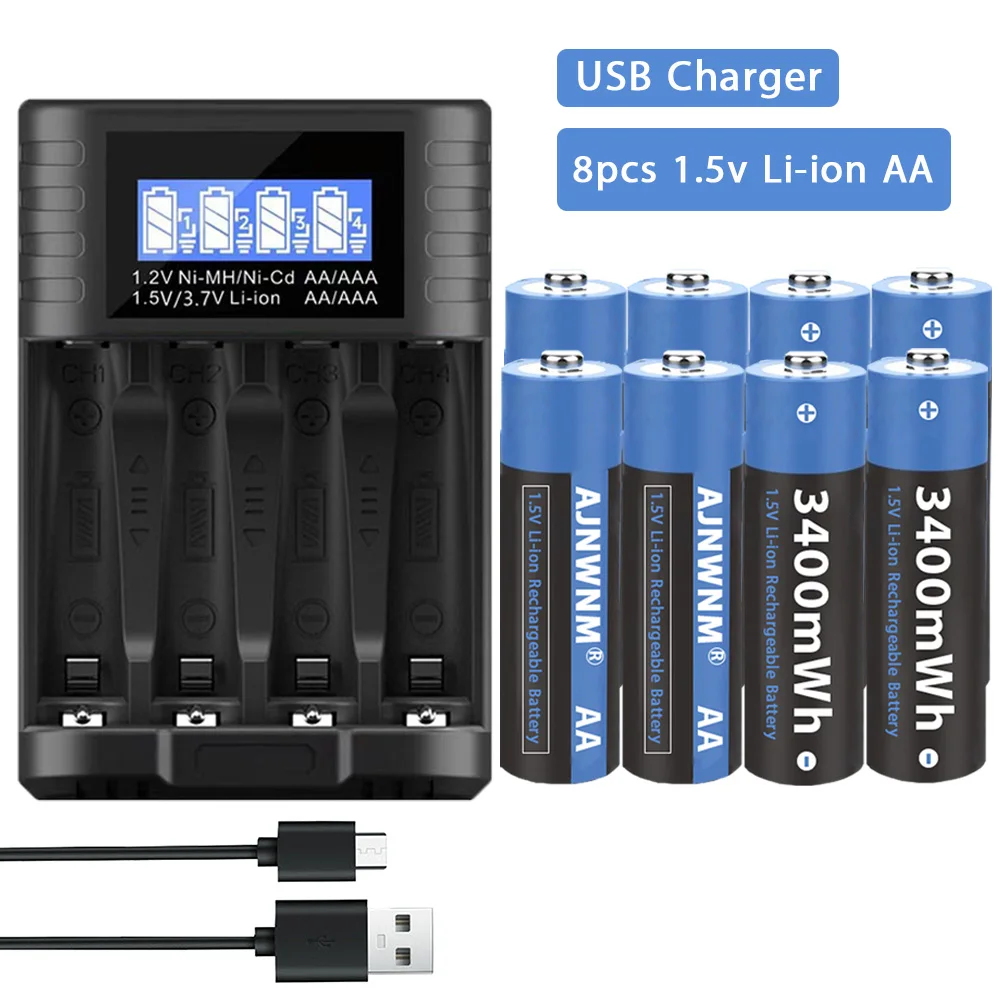 

AJNWNM 1.5v AA Battery Rechargeable 3400mWh AA Rechargeable Battery 1.5v with LCD Charger for 1.5V Lithium Li-ion AA AAA Battery