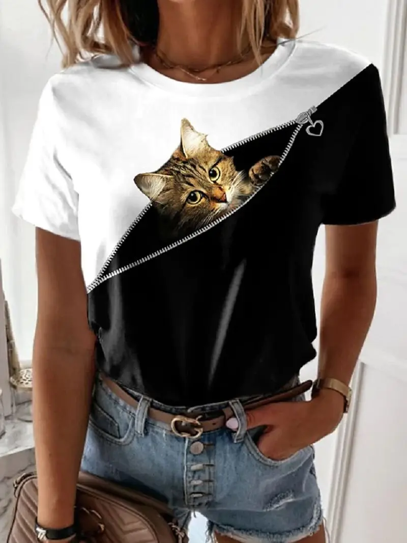 

Women's Painting T-Shirt Pocket Cat Crew Neck Fashion Abstract Casual Summer Top