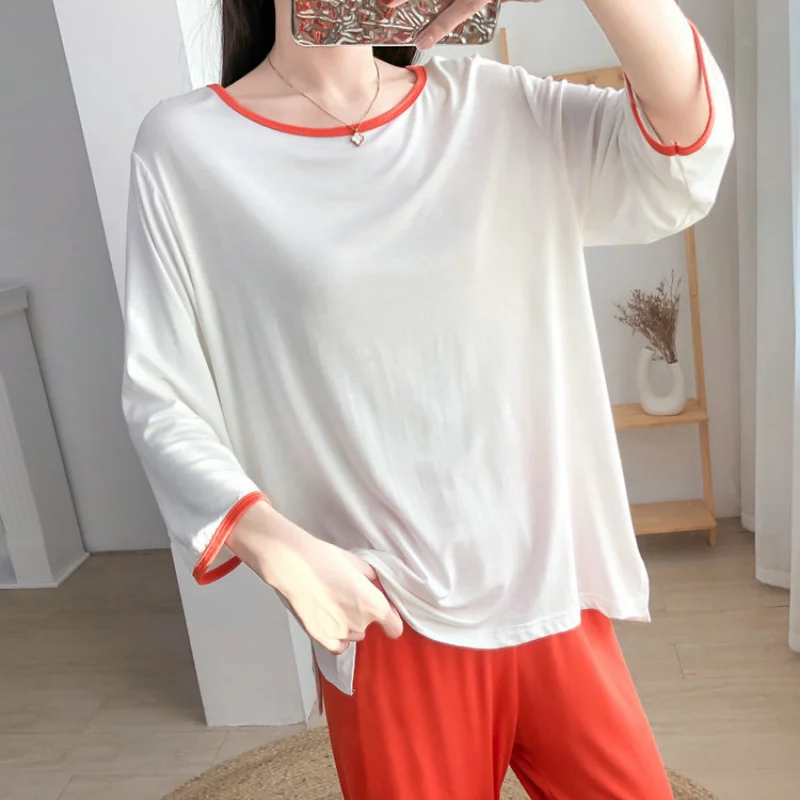 The New Women Pajamas Modal Cotton Pajama Sets Plus Size T-shirt Color Contrast Sleepwear Light and Soft Loose Pijama Woman Set