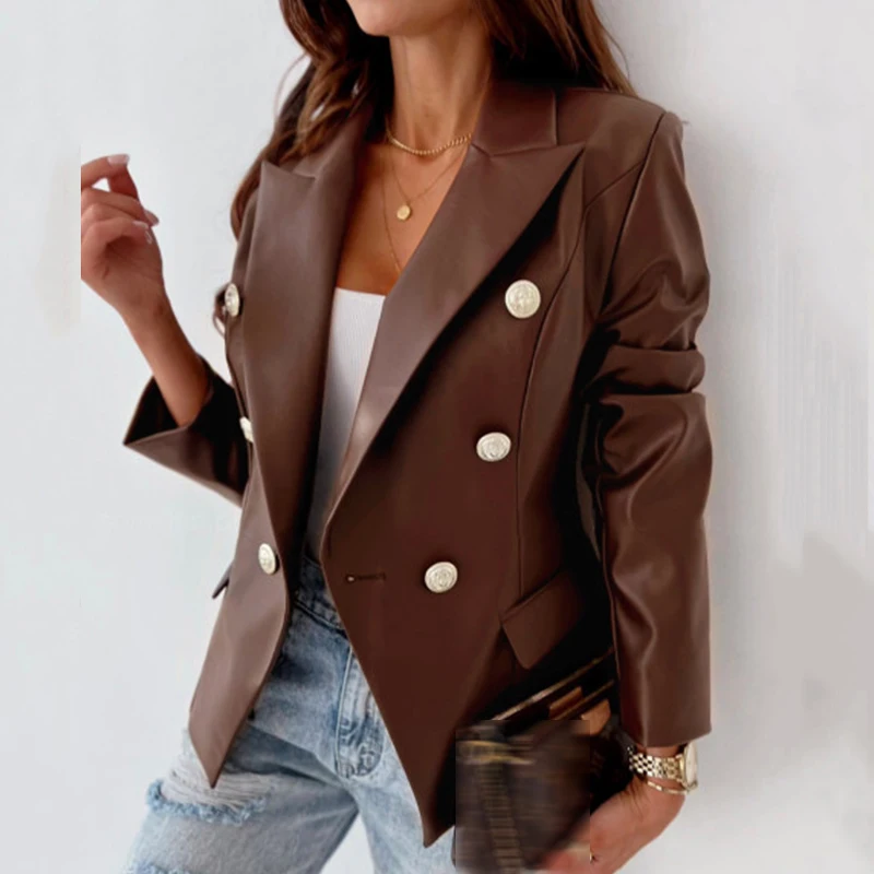 

Осенний однотонный блейзер с длинным рукавом, пальто, модные двубортные приталенные Куртки из искусственной кожи, Офисная верхняя одежда с ...